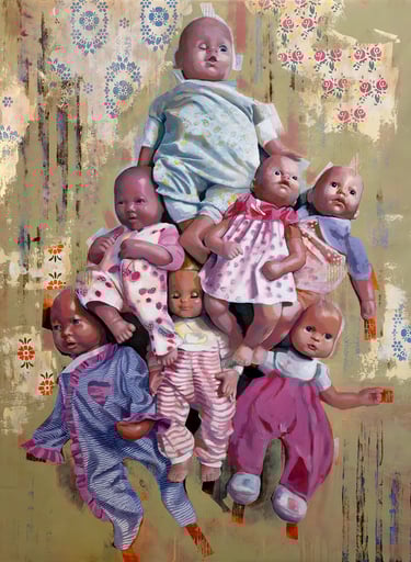 Plaything by C Gallagher; collection of dolls; background of fragments of vintage wallpaper designs.