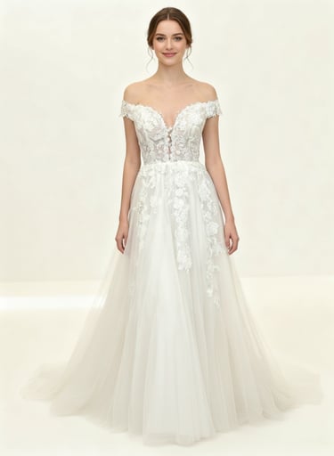 Elegant off-the-shoulder lace wedding dress with a floral bodice and flowing tulle skirt.