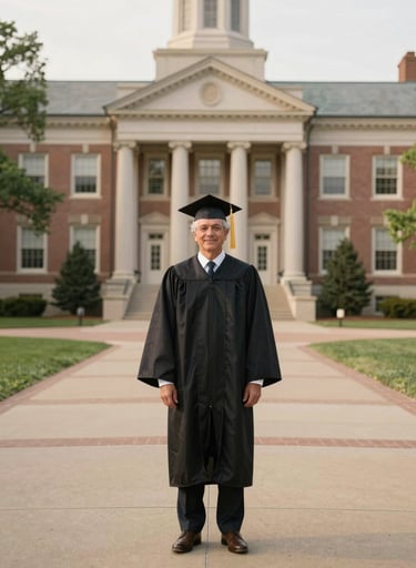 A wide-angle shot of a senior student in a graduation gown standing on a North American college campus with traditional architecture, elegant posture, soft natural light with warm taupe and cream tones.