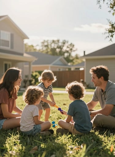 Authentic interaction of a family playing in a North American / US suburban backyard, cinematic sun flare, warm and friendly atmosphere.