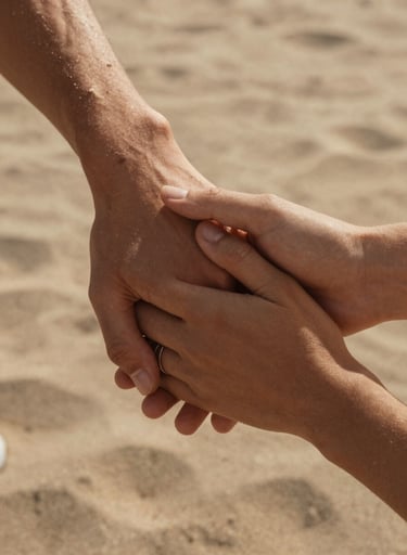 A detailed photographic shot of a couple's interlaced fingers, soft warm sand sunlight filtering through, North American / US outdoors, earthy terracotta skin tones.
