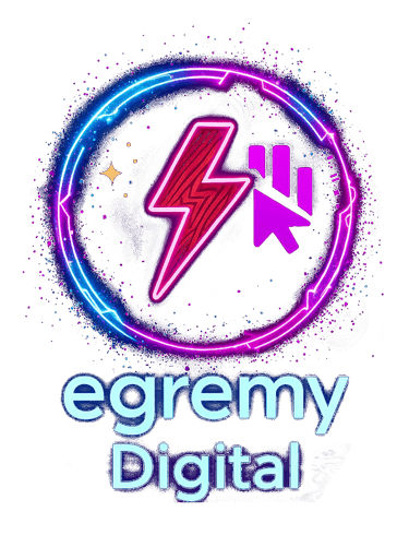 Logotipo Egremy Digital en neón con rayo, gráfico de barras y cursor, simboliza velocidad y efectividad en marketing digital.