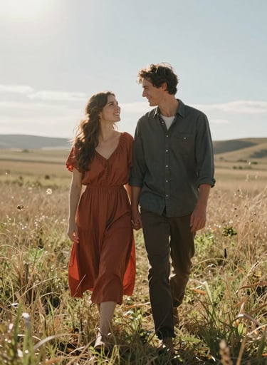 A heartwarming lifestyle photograph of a couple in a sun-drenched North American / US meadow. The style is candid and cinematic, with natural lens flare. Clothing includes accents of Terracotta and Charcoal against a Soft Sand landscape.