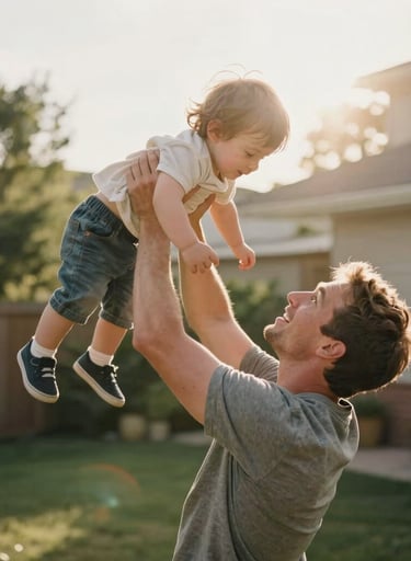 A large cinematic hero image of a father lifting his child in a backyard, sun flares, authentic and warm lifestyle photography.