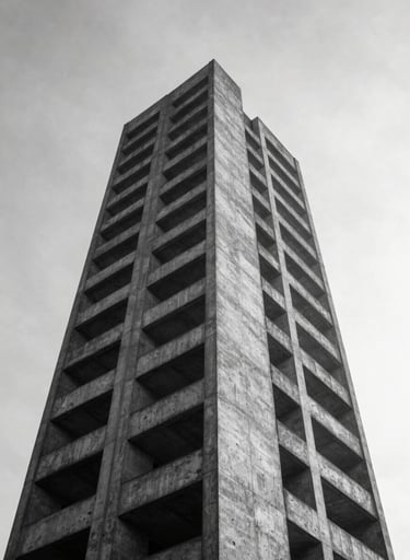 A high-contrast black and white architectural photograph of a brutalist concrete tower reaching toward a pale mist sky. The composition is clean and geometric, emphasizing the depth and texture of the material.