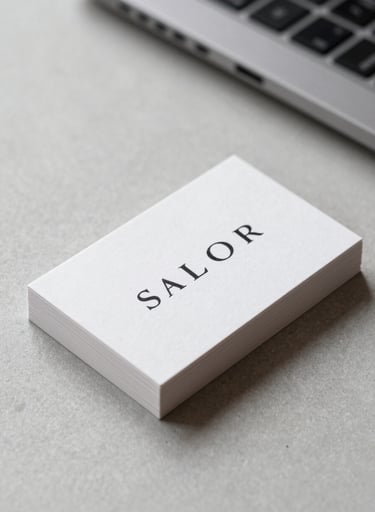 A close-up of premium business cards with elegant minimalist typography, resting on a light grey textured surface in a bright International / Western corporate environment, clean lines and professional aesthetic.