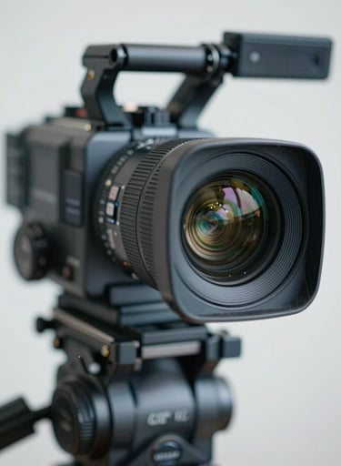 A close-up of a high-end cinema camera lens used for sports broadcasting. The lens reflects a professional studio environment with cool neutral tones (#4A6075, #8EA7BF). The shot is crisp and detailed.