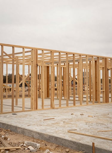 Architectural straight-on shot of a barndominium steel truss frame under construction, raw concrete slab visible, overcast daylight, earthy tones, 35mm lens.