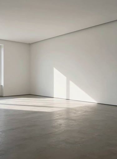 An expansive wide shot of an empty minimalist art gallery, featuring off-white walls and soft gray flooring with dramatic natural light, Global / Contemporary Art.