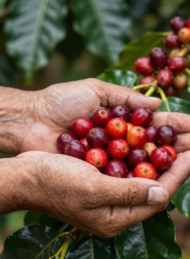 Detailed shot of hands with a South American / Latin complexion gently holding a handful of freshly picked, bright red coffee cherries. Vibrant greens and deep reds dominate the palette. Soft sunlight.