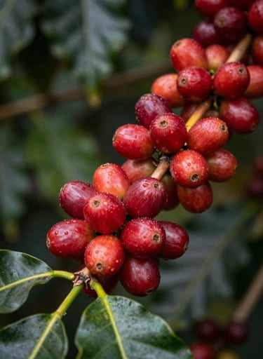 Macro photography of bright red, ripe coffee cherries on a branch with deep forest green leaves. Soft natural lighting emphasizing the texture and authentic craftsmanship of nature in a South American plantation.