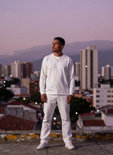 A wide photography shot of a musician in a thoughtful pose against an urban South American / Venezuelan cityscape of Maracay at dusk, cinematic and authentic lighting. Palette colors used: Off-white and Mauve.