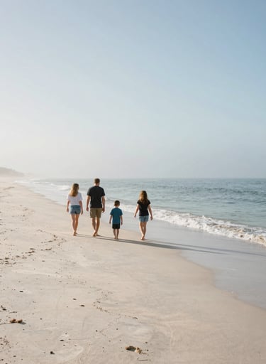 A North American / US family of four walking along a misty shoreline at sunrise. The composition is artistic and wide, featuring the muted blue of the ocean and creamy off-white sand.