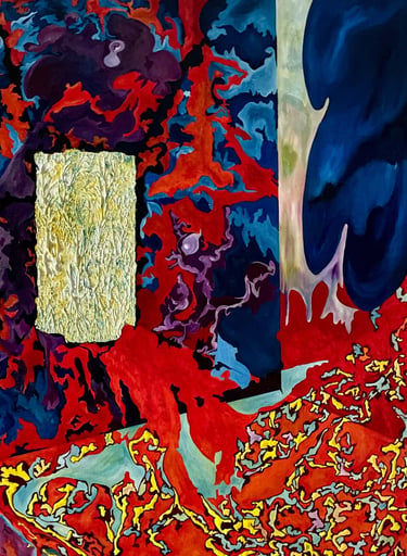Abstract expressionist painting featuring vibrant red, blue, and purple swirls with a textured yellow rectangular element.