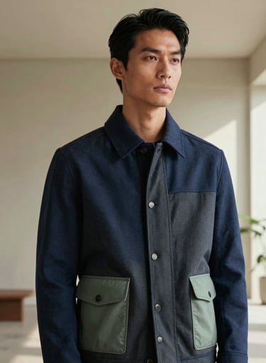 A cinematic editorial photograph of a model in an East Asian / South Asian influenced for a global luxury audience setting, wearing an structured indigo and charcoal jacket with sage green accents. They are standing in a minimal, high-ceilinged room with soft natural light.