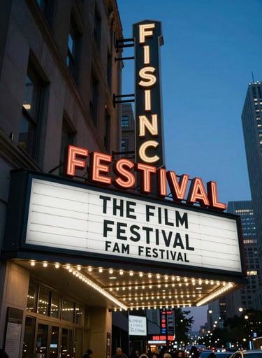 A sharp, cinematic photograph of a contemporary film festival marquee in a major US city at twilight. The scene is illuminated by glowing signage and deep blue evening light, exuding an air of prestige and cinematic excitement.