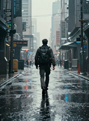 A dramatic still from a sci-fi film set in a futuristic North American city. High-contrast lighting highlights a lone figure walking through a rain-slicked alleyway with cool blue and off-white reflections.