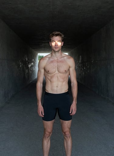 A cinematic, full-bleed portrait of a focused athlete in a dark concrete tunnel, light catching only their eyes, Northern European / Dutch setting, minimalist and powerful composition.