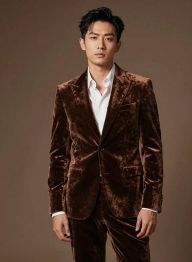 Cinematic portrait of P.E.P YLS in a studio setting, wearing a premium #3D2C20 velvet suit. Lighting is artistic and moody with #8D765D highlights, showcasing his confident persona.