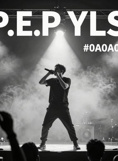 An action shot of P.E.P YLS performing on a stage with a dramatic spotlight, smoke, and an audience silhouette, emphasizing powerful presence in #0A0A0A.