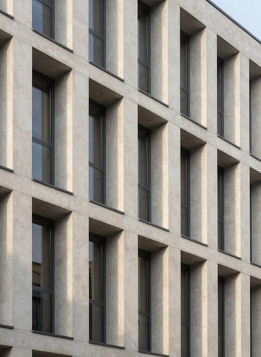Architectural photography of a modern minimalist building facade in a Central European city, clean lines, soft afternoon sunlight casting long shadows, soft off-white and light silver grey palette.