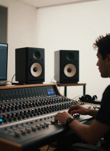 A creative music producer at a mixing desk, silhouettes against large studio monitors, cinematic atmosphere with soft off-white lighting highlights, in a modern South American / Colombian music facility.