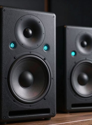 Professional studio monitor speakers in a dark room, featuring subtle neon cyan light glowing from the power indicators. Clean, modern, dark charcoal textures in a South American / Colombian studio.