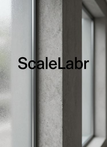 A high-end, close-up shot of architectural textures—concrete and frosted glass—in shades of #D8D8D8 and #8E8E8E. The composition is balanced and geometric, representing the precision of ScaleLabr. Soft natural light, premium feel.