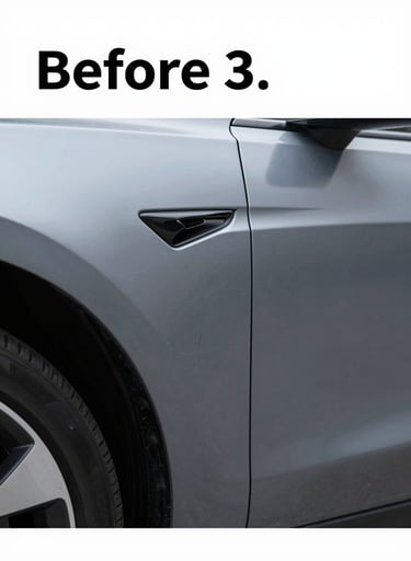 The 'Before' shot: A prominent, sharp dent on a high-end vehicle panel. The lighting is positioned to emphasize the depth of the damage. Powerful and honest visual of the challenge.