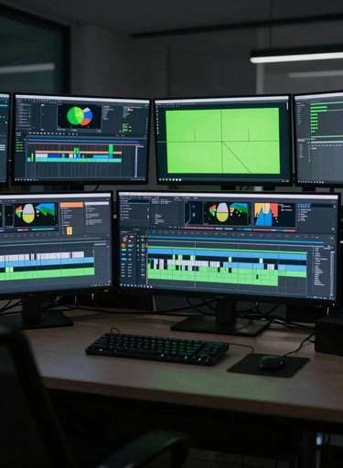 Cinematic shot of a professional editing suite at night. Multiple monitors showing complex motion design timelines in a dark, minimalist Brazilian office. Highlights in white and neon green.
