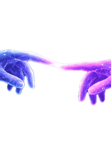 two hands touching each other with a glowing blue light