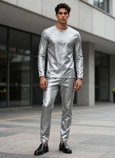 Full-body photography of a fashionable South American / Brazilian male model posing in a modern urban architectural setting. He is wearing silver gray contemporary attire. The style is sharp, clean, and elegant, characteristic of a high-fashion editorial.