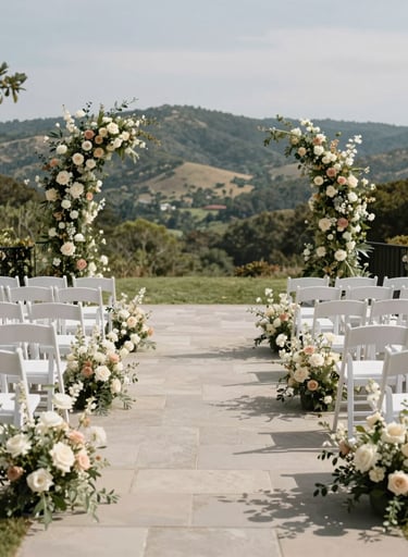 A wide-angle photograph of a North American / European wedding ceremony aisle. Minimalist white chairs are lined up on a stone terrace, with floral arrangements in soft cream and muted taupe colors framing the view of distant hills.