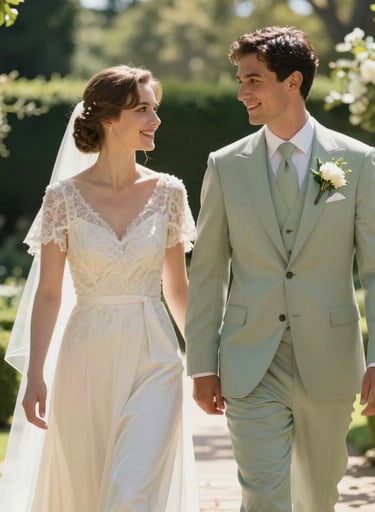 A candid and elegant wedding portrait of a couple walking through a sun-drenched North American / European historic garden, wearing timeless formal attire, bright off-white and soft green tones.