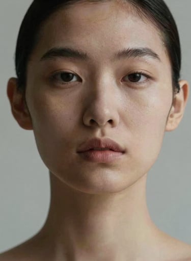 Minimalist high-fashion portrait of a person with a serene expression. Soft directional light and neutral tones with a light gray background. International / Professional.