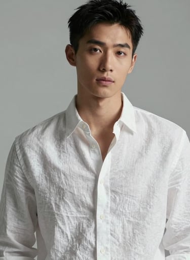 A minimalist high-fashion portrait of a person in a white linen shirt against a light grey background. Soft, diffused lighting creating elegant shadows. International / Professional. Colors: white, light grey, and charcoal.
