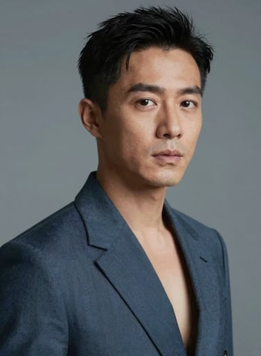 Artistic portrait of a talented diverse actor in high-fashion attire, soft lighting with #74A8AE color accents, sophisticated gaze, professional studio setting, reflecting modern elegance.