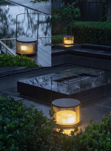Soft outdoor lanterns beside water and garden plants, creating a quiet evening retreat with warm gen
