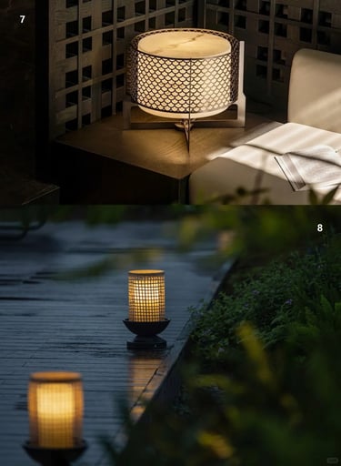Warm garden lanterns and candle-style outdoor lamps lighting a peaceful seating area after dark.