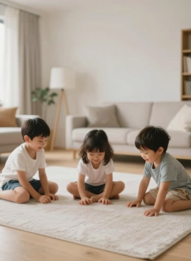 A candid shot of children playing on a soft rug in a spacious, light-filled living room with modern architectural details.