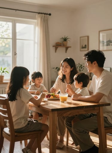 A candid, lifestyle photograph of a young family sitting at a wooden dining table inside a sun-filled room. The light is warm and cinematic, catching dust motes in the air. The mood is peaceful and authentic, showing real-world connection.