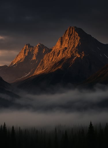 A breathtaking wide cinematic shot of a mist-covered mountain range in a North American park at sunrise, dramatic gold highlights on the peaks against a deep charcoal sky, inspiring scale.
