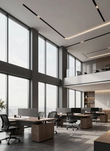 A wide cinematic shot of a modern, high-ceilinged virtual office with large windows. The interior is decorated in dark grey and off-white with gold accents. Global / Western.