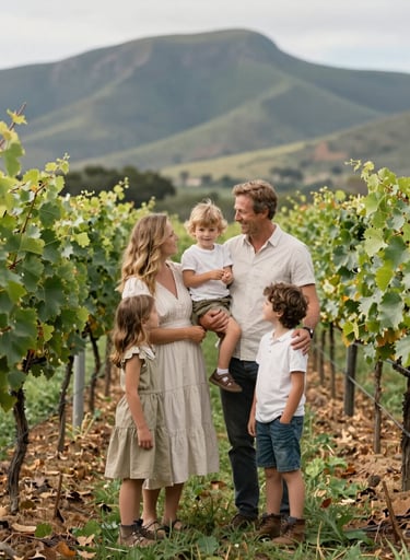 A beautiful family portrait in a South African vineyard. The parents and children are interacting naturally, surrounded by lush green vines and a hint of dark forest green in the distant mountains. The style is bright and airy.