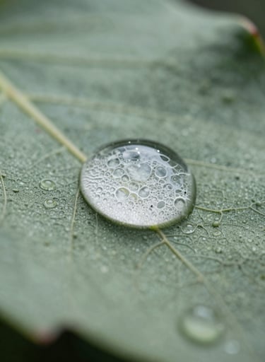 Extreme macro photography of a droplet of water on a leaf, captured at the moment of vibration. The surface ripples are intricate, reminiscent of microscopic cellular structures. Colors include milky glass white and muted sage greens.