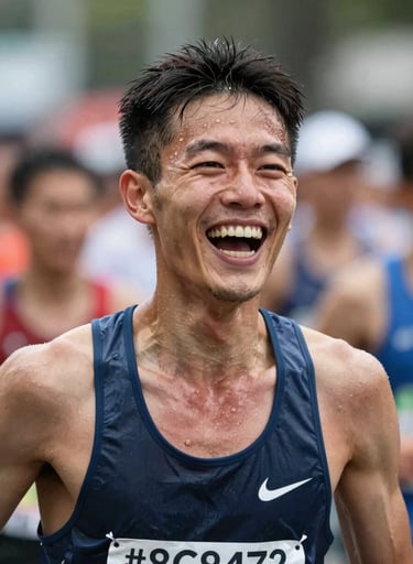 A candid, close-up portrait of a runner expressing pure joy and exhaustion after crossing the finish line. Soft lighting, focus on beads of sweat and authentic emotion. Background shows a blurred crowd with #8C847E tones. Professional and human-centric.