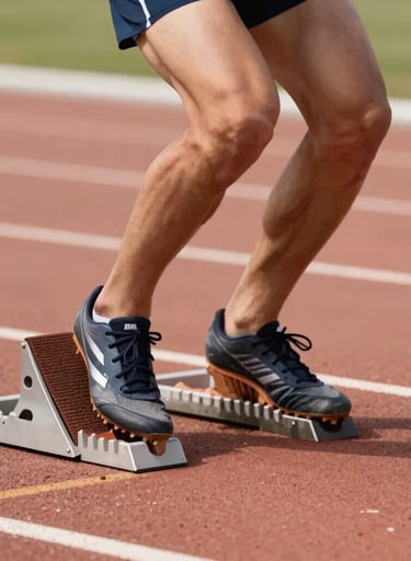 Close-up of a sprinter's starting blocks on a track, dusty texture, focused lighting, professional aesthetic incorporating #0D0D0D and #F2F1ED.