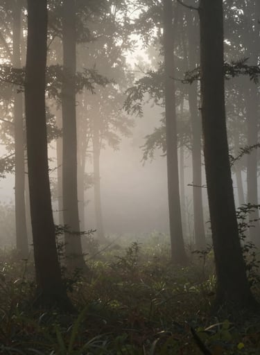 Serene fine art photography of a misty forest morning, capturing the subtle beauty of sunlight through trees using #362C27 and #F5F2EF tones.