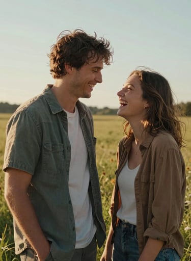 Candid cinematic portrait of a happy couple sharing a laugh in a sun-drenched North American meadow. The lighting is warm and golden hour, highlighting the textures of their casual clothing. Authentic human interaction.