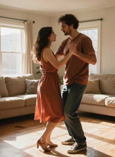 A candid moment of a couple dancing in their North American living room, sun-drenched light streaming through windows. Cinematic photography style, warm Terracotta and Soft Sand tones.
